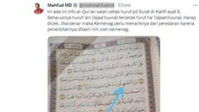 Viral Salah Cetak Huruf di Al Quran, Ada pada Surat Al Kahfi, Mahfud MD Minta Perhatian Menag Viral Salah Cetak Huruf di Al Quran, Ada pada Surat Al Kahfi, Mahfud MD Minta Perhatian Menag