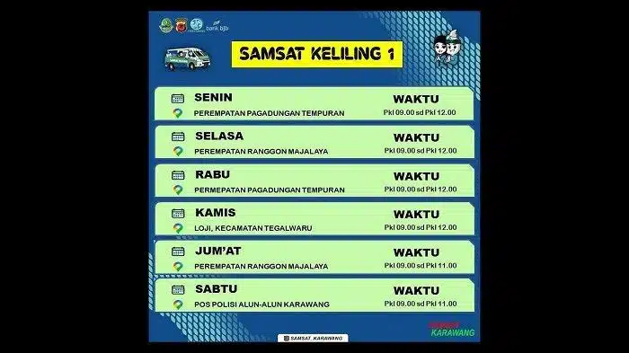 Samsat Keliling di Bekasi, Karawang, Selasa 20 Januari 2026 Samsat Keliling di Bekasi, Karawang, Selasa 20 Januari 2026